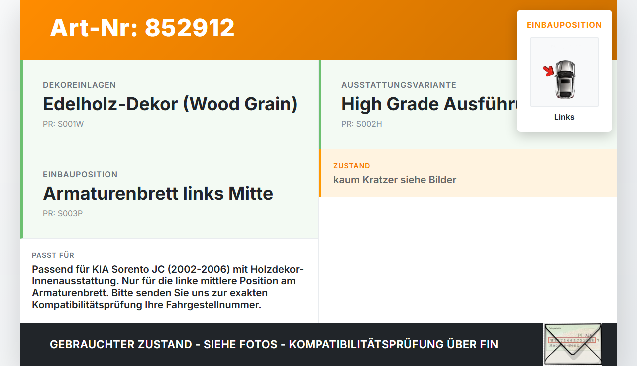 KIA Sorento JC I 02-06 Blende für Armaturenbrett Abdeckung Holzdekor Links Mitte KIA Sorento JC I 02-06 28.06.2004... Vorschau 3