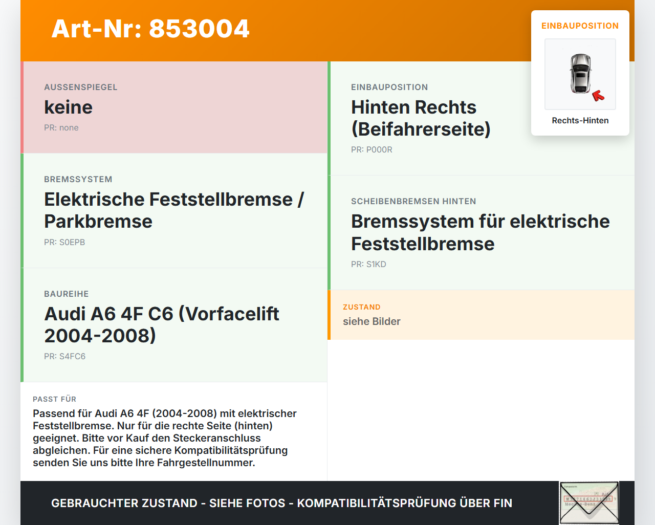 Audi A6 4F C6 04-08 Stellmotor Actuator Elektrische Feststellbremse Rechts Hinten Audi A6 4F C6 04-08 29.05.2008... Vorschau 3