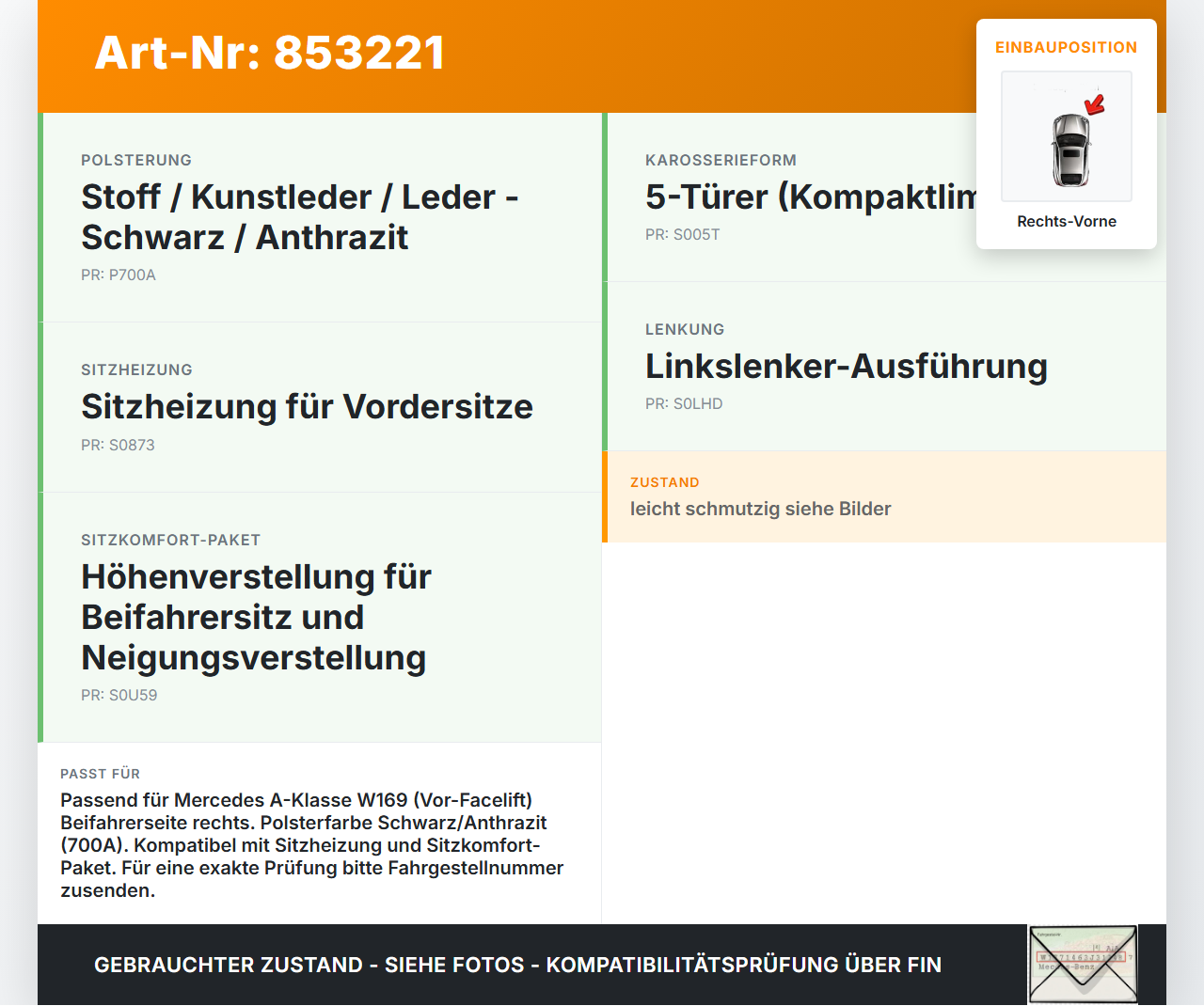 Mercedes A-Kl. W169 04-08 5T Sitzbezug Rückenpolster Rechts Vorne für Beifahrer Sitz beheizt Mercedes A-Kl. W169... Vorschau 3