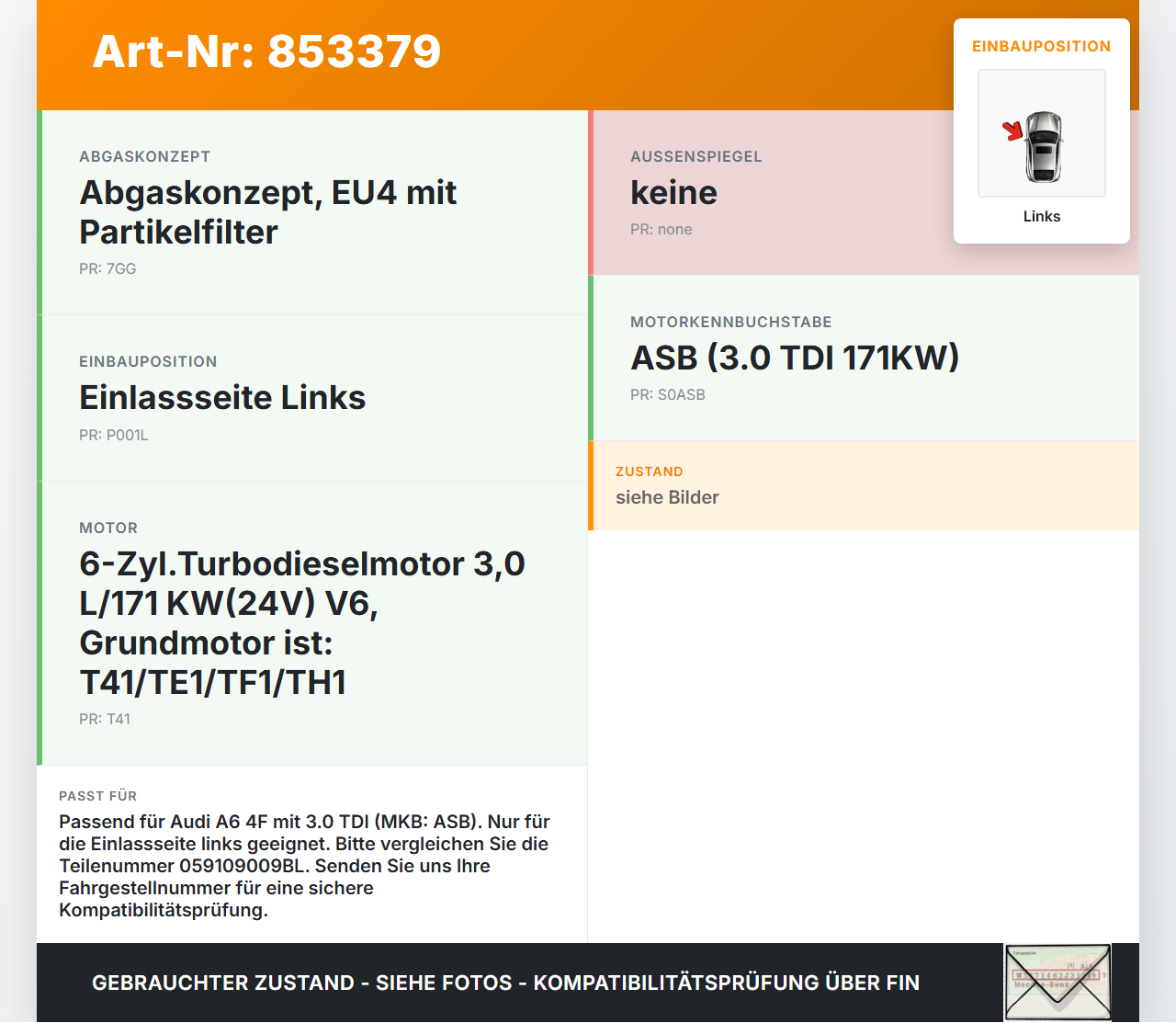 Audi A6 4F C6 04-08 TDI 3,0 171KW ASB Nockenwelle Einlass Links Audi A6 4F C6 04-08 29.05.2008 059109009BL gebraucht Vorschau 3