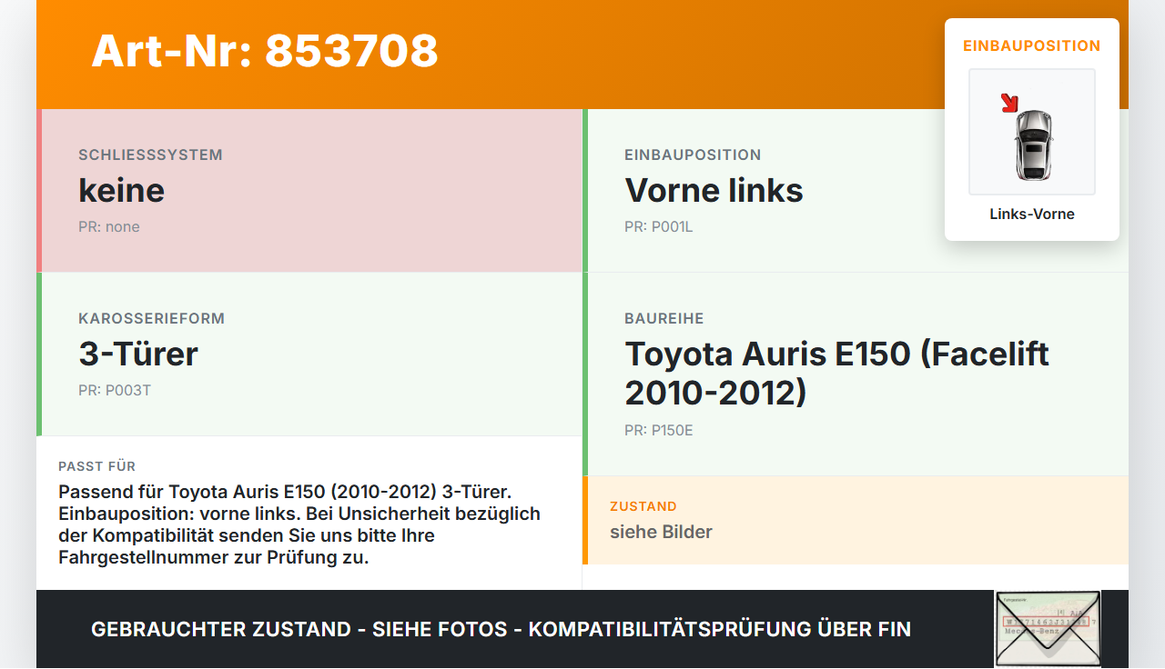 Toyota Auris ZW E150 10-12 3T Türschloss Schließzylinder für Tür Links Vorne Toyota Auris ZW E150 10-12 27.10.2010... Vorschau 3