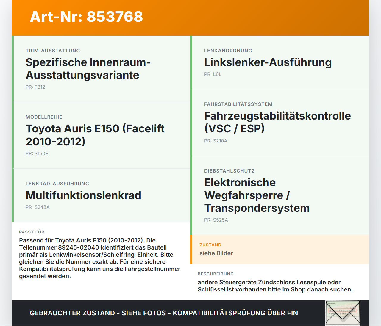 Toyota Auris ZW E150 10-12 Lesespule Toyota Auris ZW E150 10-12 27.10.2010 8924502040 89245-02040 gebraucht Vorschau 3