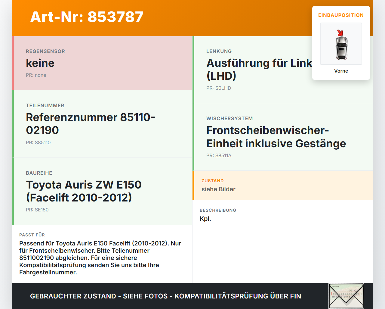 Toyota Auris ZW E150 10-12 Wischermotor m. Wischergestänge Vorne Toyota Auris ZW E150 10-12 27.10.2010 8511002190... Vorschau 3