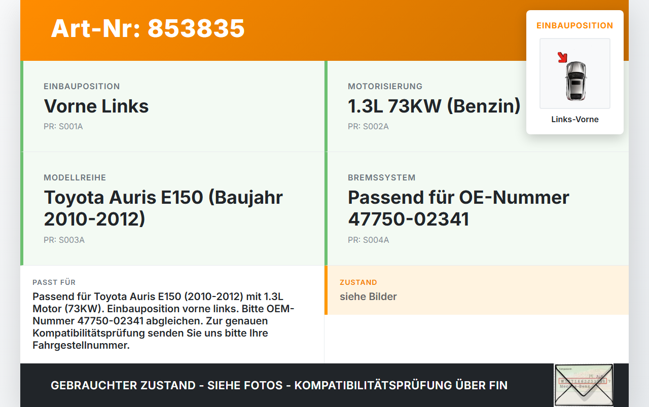 Toyota Auris ZW E150 10-12 1,3 73KW Bremssattel Bremszange Vorne Links Toyota Auris ZW E150 10-12 27.10.2010... Vorschau 3