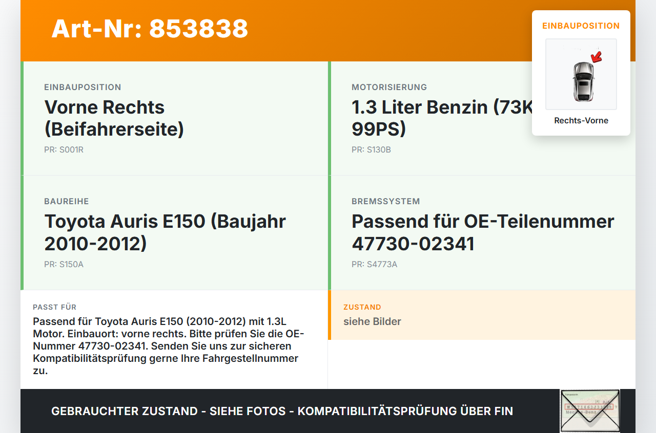 Toyota Auris ZW E150 10-12 1,3 73KW Bremssattel Bremszange Vorne Rechts Toyota Auris ZW E150 10-12 27.10.2010... Vorschau 3