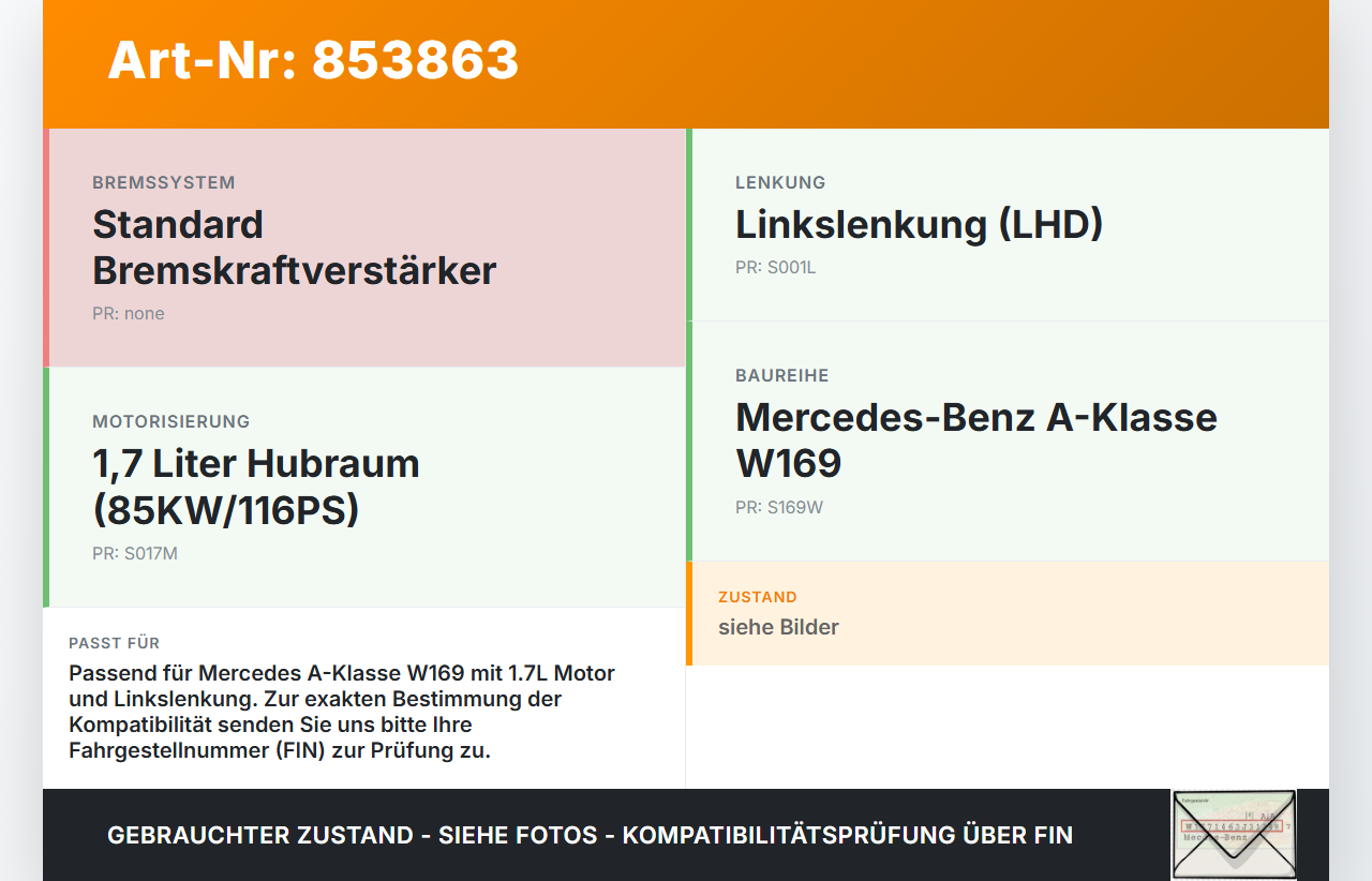 Mercedes A-Kl. W169 04-08 1,7 85KW Bremskraftverstärker Mercedes A-Kl. W169 04-08 24.02.2005 A1694300530... Vorschau 3