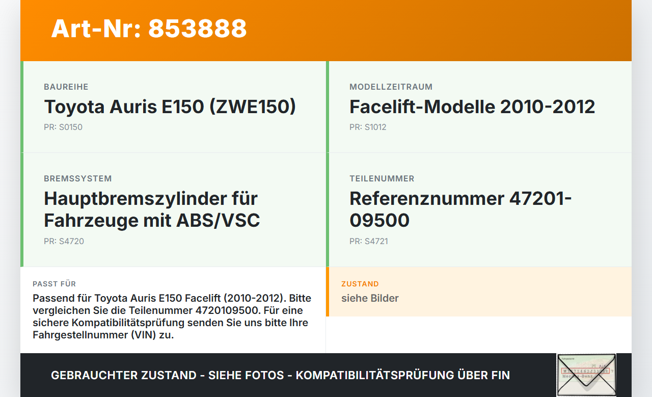 Toyota Auris ZW E150 10-12 Hauptbremszylinder Bremszylinder Toyota Auris ZW E150 10-12 27.10.2010 4720109500 gebraucht Vorschau 3