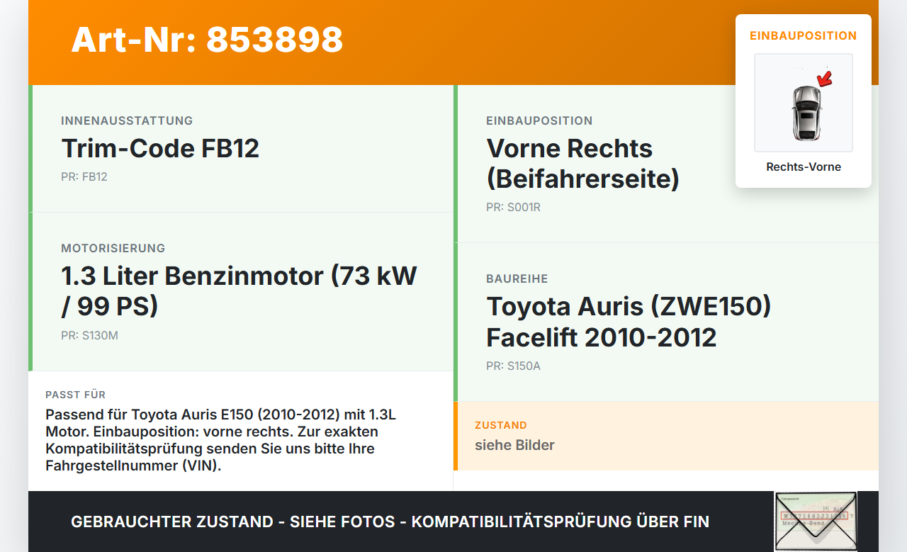 Toyota Auris ZW E150 10-12 1,3 73KW Antriebswelle Gelenkwelle Rechts Vorne Toyota Auris ZW E150 10-12 27.10.2010... Vorschau 3