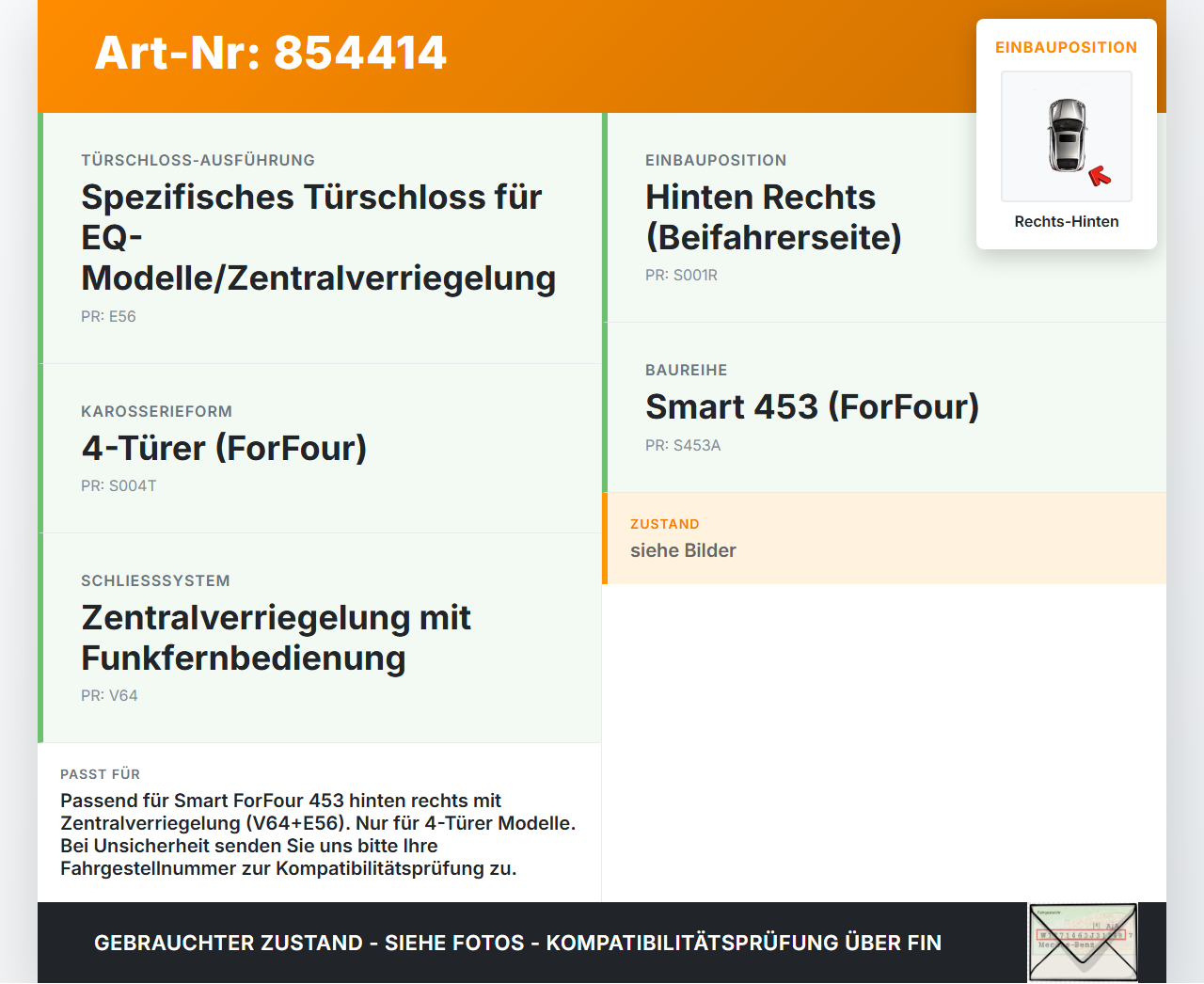 Smart EQ ForFour 453 19-24 Coupe Türschloss m. ZV Stellmotor Rechts Hinten Smart EQ ForFour 453 19-24 05.11.2021... Vorschau 3