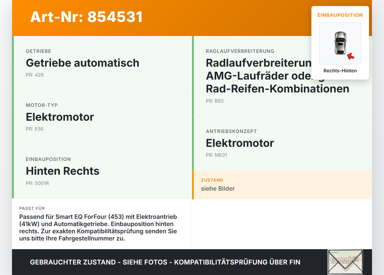Smart EQ ForFour 453 19-24 Coupe  41KW Antriebswelle Gelenkwelle Rechts Hinten Smart EQ ForFour 453 19-24... Vorschau 3