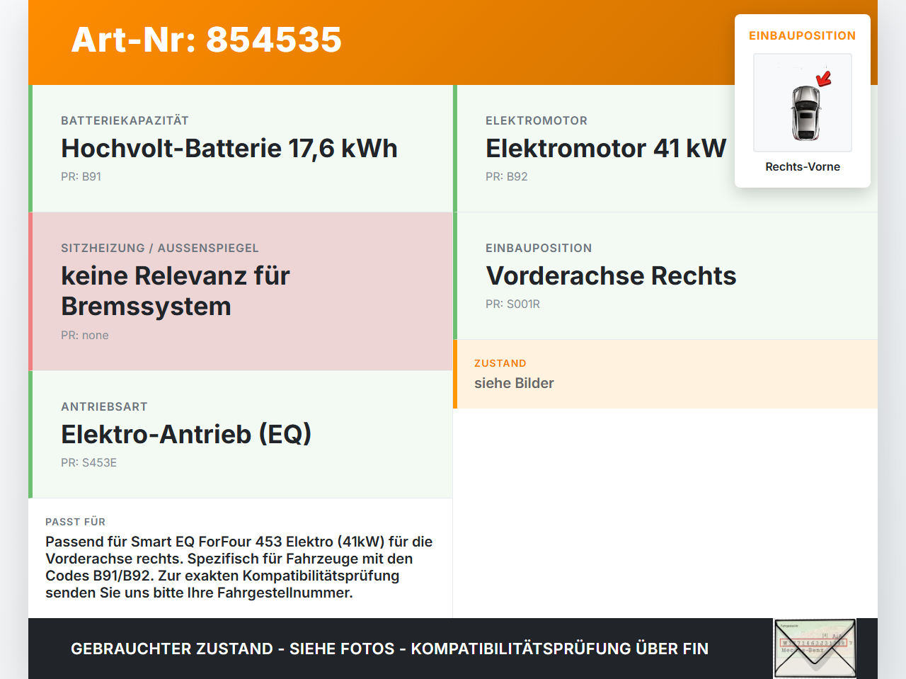 Smart EQ ForFour 453 19-24 Elektro  41KW Bremssattel Bremszange Vorne Rechts Smart EQ ForFour 453 19-24 05.11.2021... Vorschau 3