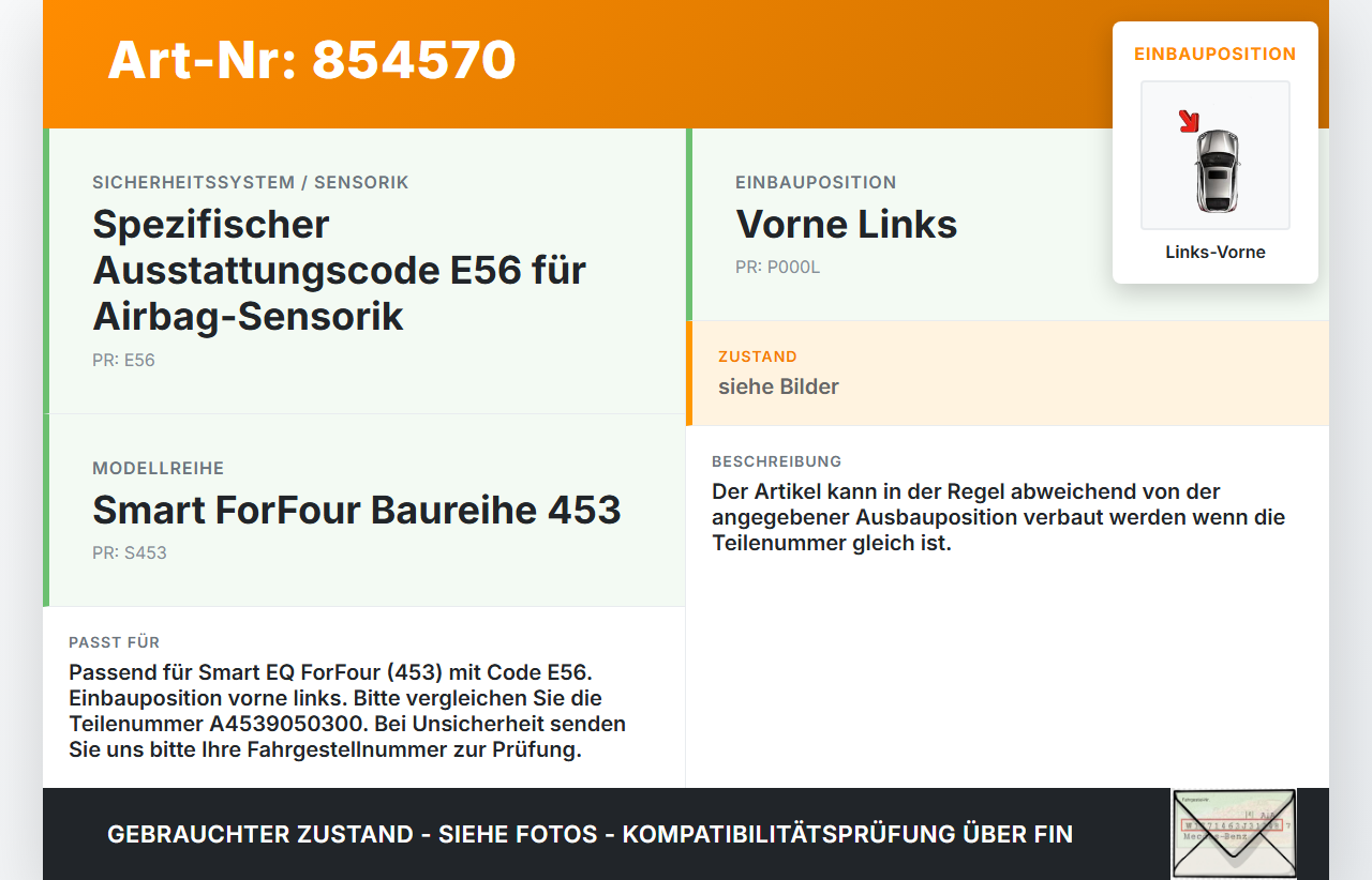 Smart EQ ForFour 453 19-24 Sensor für Airbag Crashsensor Airbagsensor Links Vorne Smart EQ ForFour 453 19-24... Vorschau 3