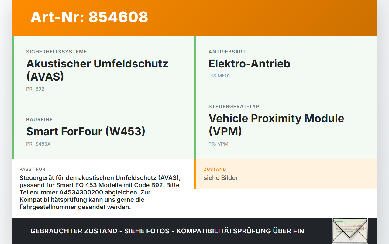 Smart EQ ForFour 453 19-24 Steuergerät ECU Modul VPM ECU Smart EQ ForFour 453 19-24 05.11.2021 A4534300200... Vorschau 3