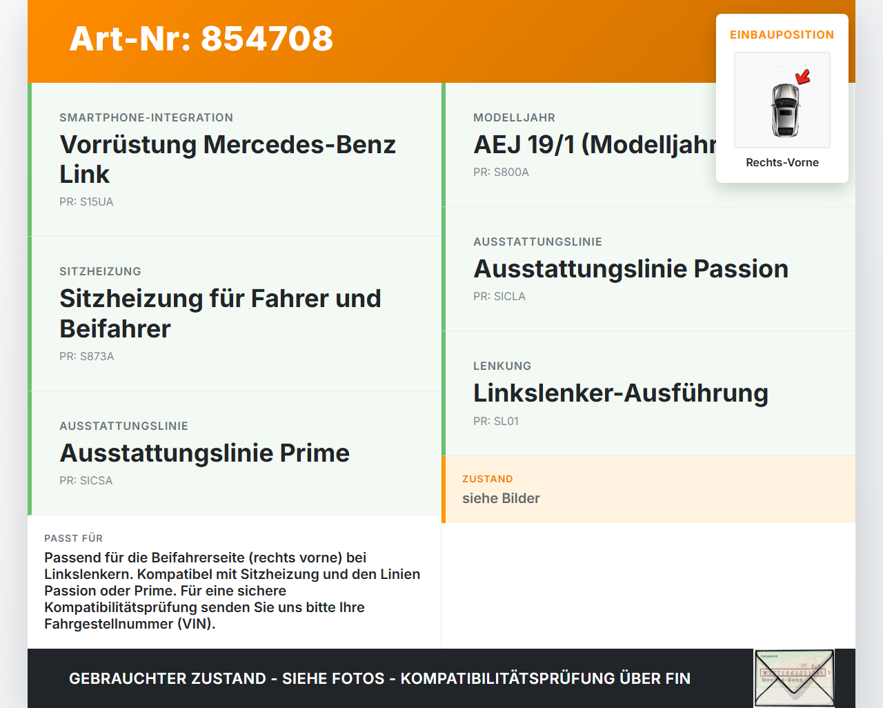 Smart EQ ForFour 453 19-24 Coupe Sitzbezug Rückenpolster Rechts Vorne für Beifahrer Sitz beheizt Smart EQ ForFour... Vorschau 3