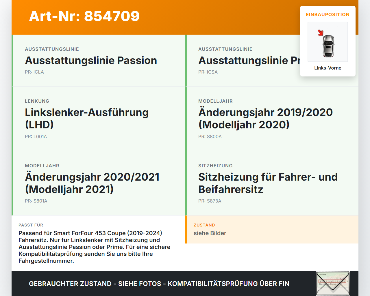 Smart EQ ForFour 453 19-24 Coupe Sitzbezug Rückenpolster Links Vorne für Fahrer Sitz beheizt Smart EQ ForFour 453... Vorschau 3