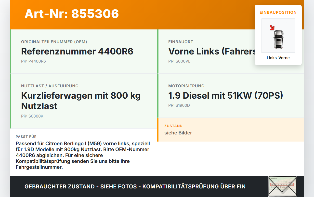 Citroen Berlingo I M59 02-09 1,9D 51KW Bremssattel Bremszange Vorne Links Citroen Berlingo I M59 02-09 02.06.2004... Vorschau 3
