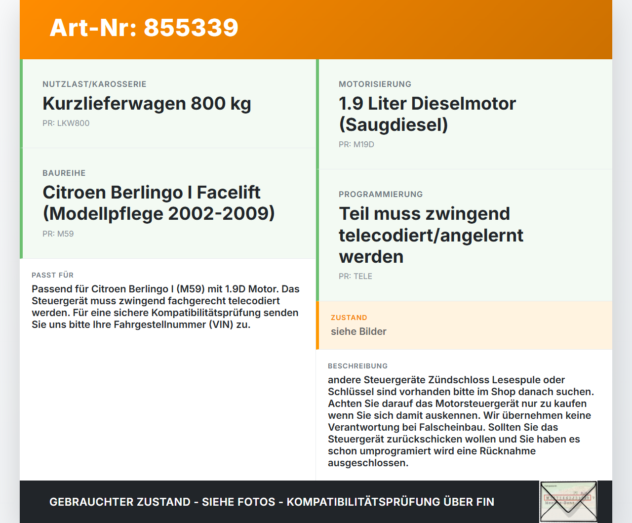 Citroen Berlingo I M59 02-09 1,9D 51KW Steuergerät ECU für Motor Motorsteuergerät Citroen Berlingo I M59 02-09... Vorschau 3
