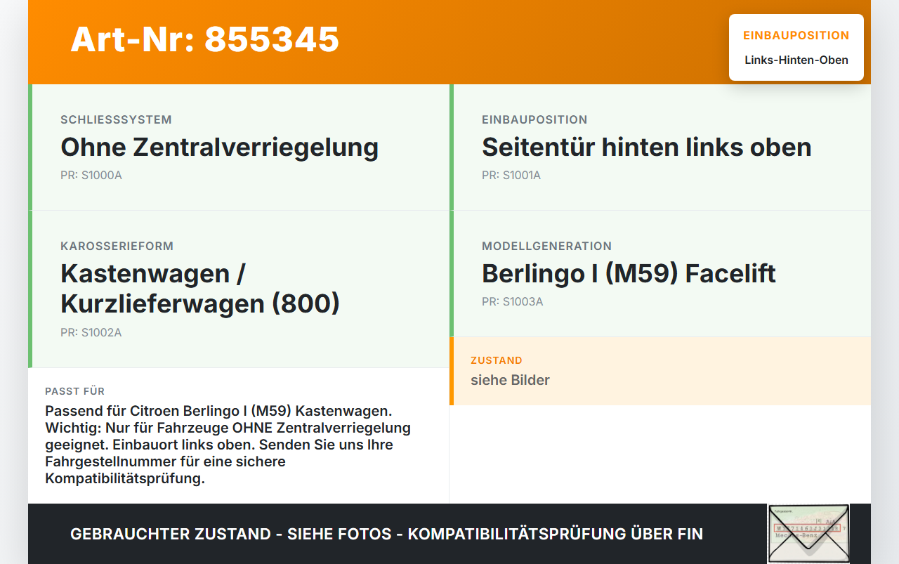 Citroen Berlingo I M59 02-09 First Kasten Schloss Links Hinten Oben Citroen Berlingo I M59 02-09 02.06.2004 913763... Vorschau 3