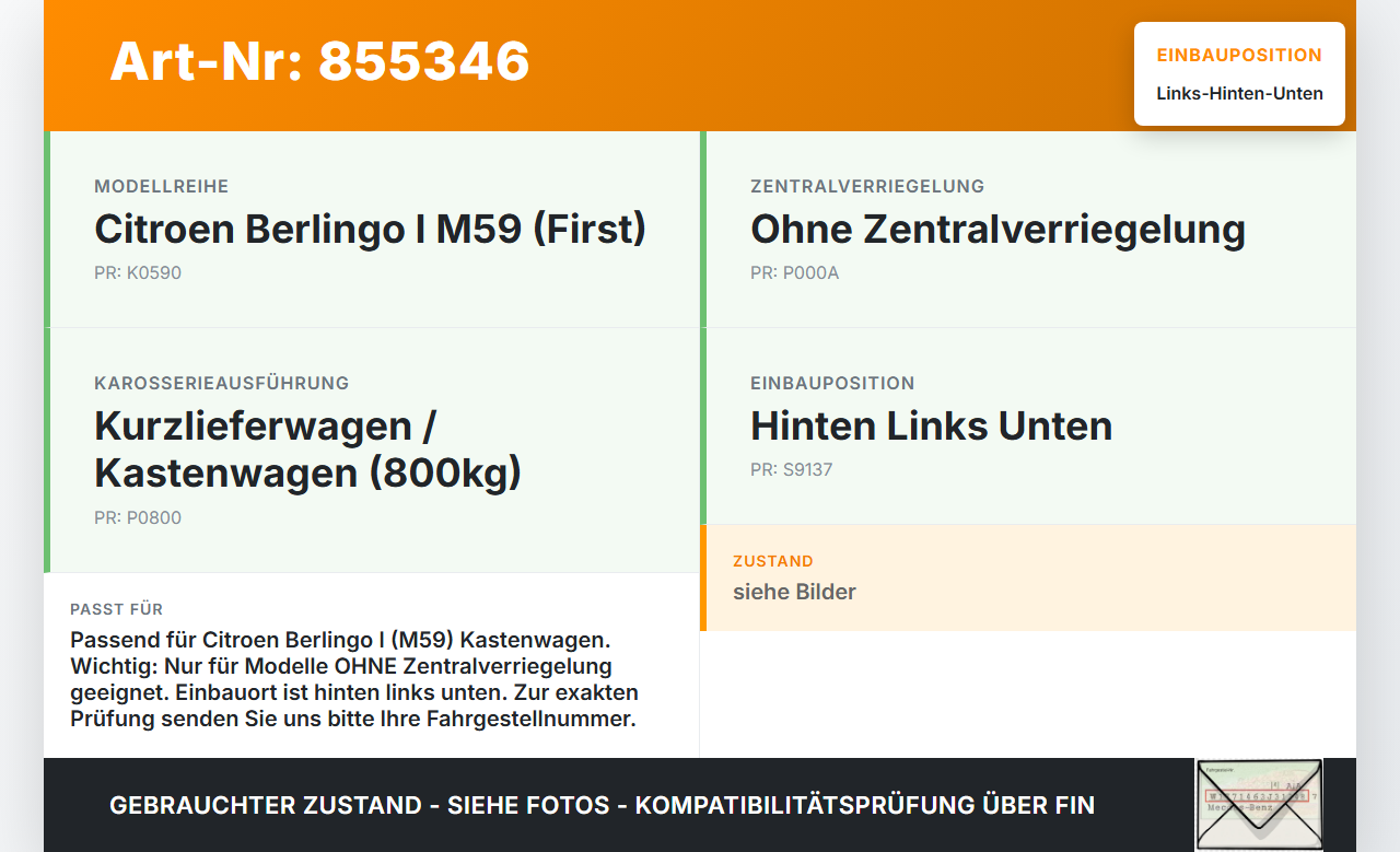 Citroen Berlingo I M59 02-09 First Kasten Schloss Links Hinten Unten Citroen Berlingo I M59 02-09 02.06.2004 913763... Vorschau 3