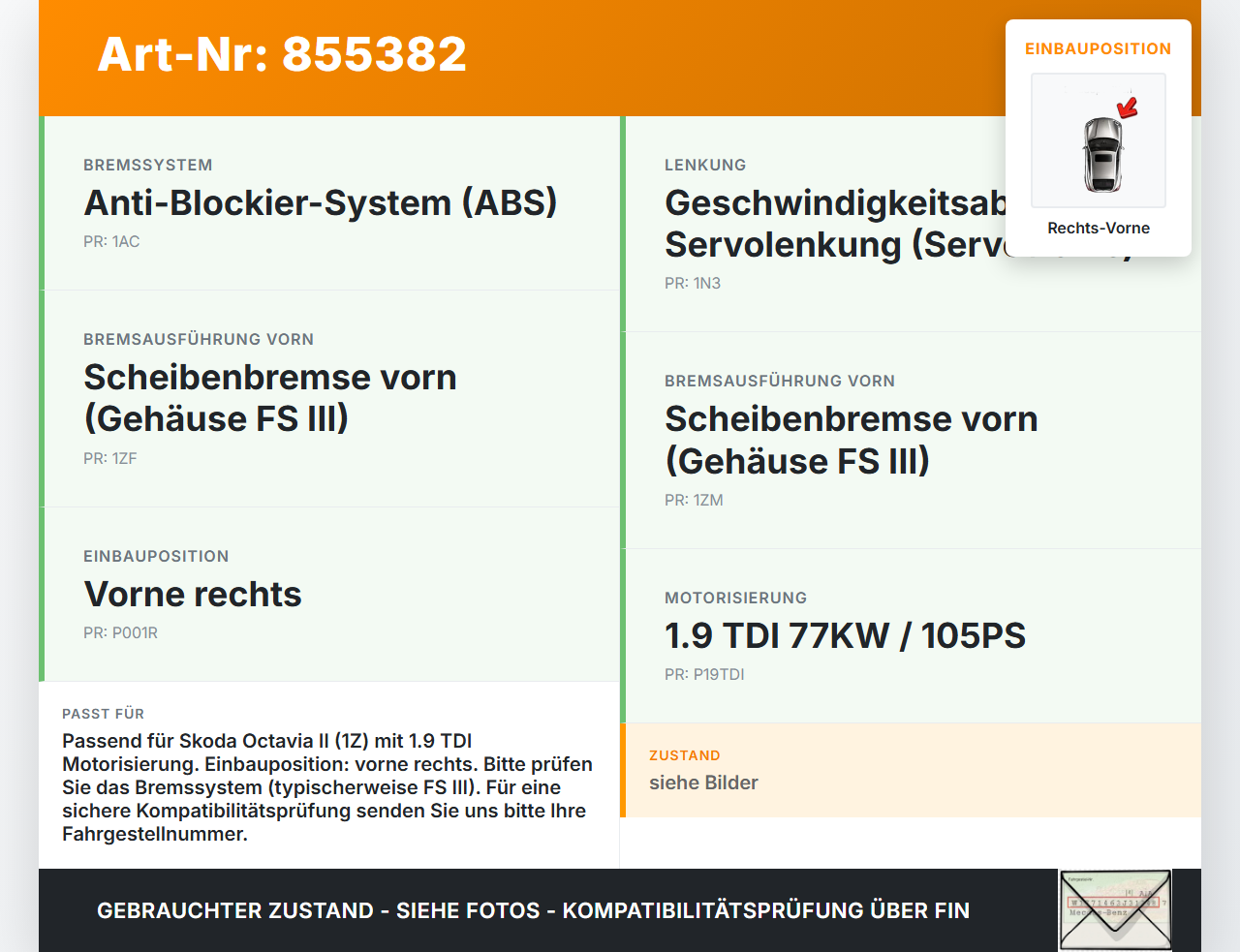 Skoda Octavia II 1Z 05-09 TDI 1,9 77KW Bremssattel Bremszange Vorne Rechts Skoda Octavia II 1Z 05-09 01.02.2006... Vorschau 3
