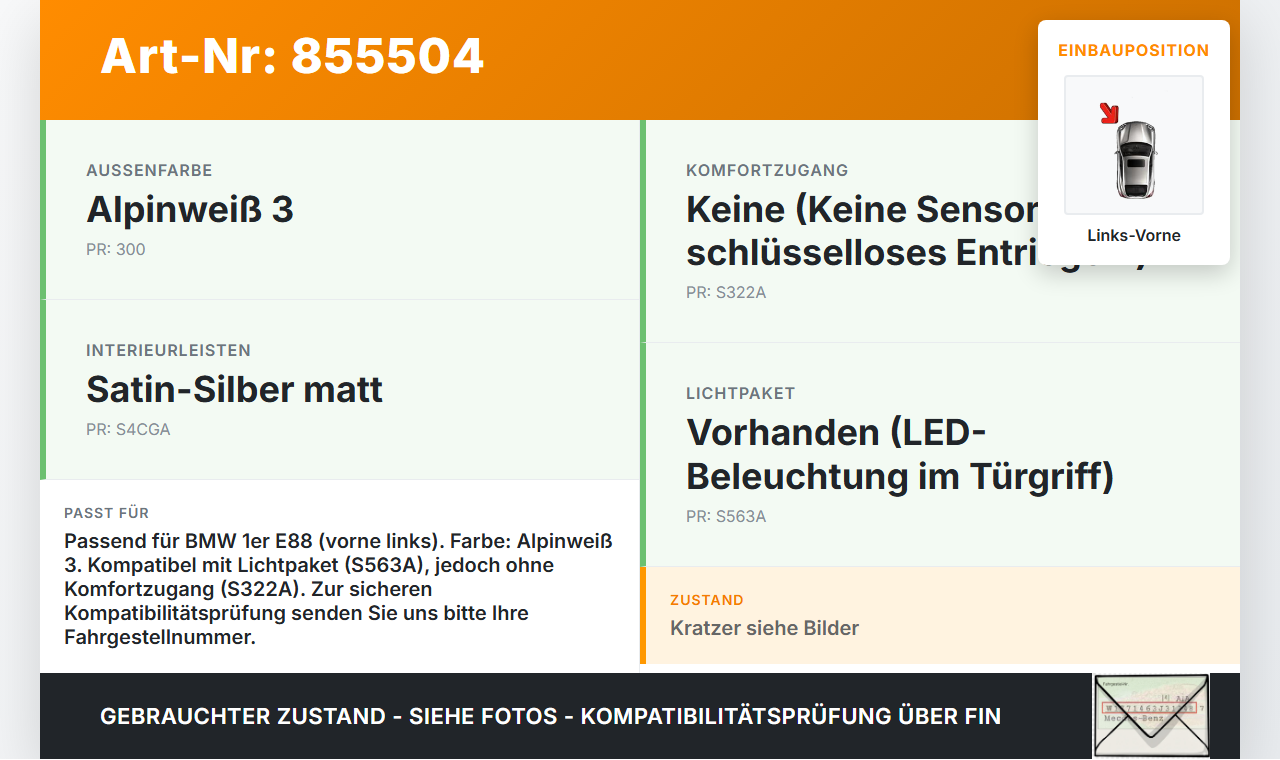 BMW E88 1er 11-13 Cabriolet Türgriff Griff aussen Links Vorne 300 BMW E88 1er 11-13 14.07.2011 0445181 51210445181... Vorschau 3