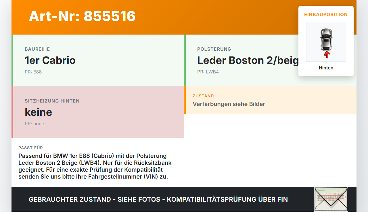 BMW E88 1er 11-13 Cabriolet Sitzbezug Sitzpolster für Rücksitzbank Hinten Boston Beige BMW E88 1er 11-13 14.07.2011... Vorschau 3