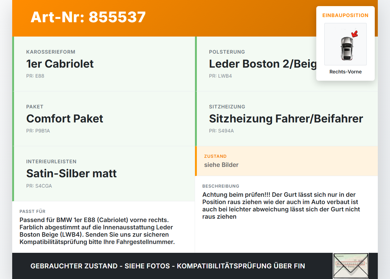 BMW E88 1er 11-13 Cabriolet Gurt Sicherheitsgurt Rechts Vorne BMW E88 1er 11-13 14.07.2011 6981476 34024007B... Vorschau 3