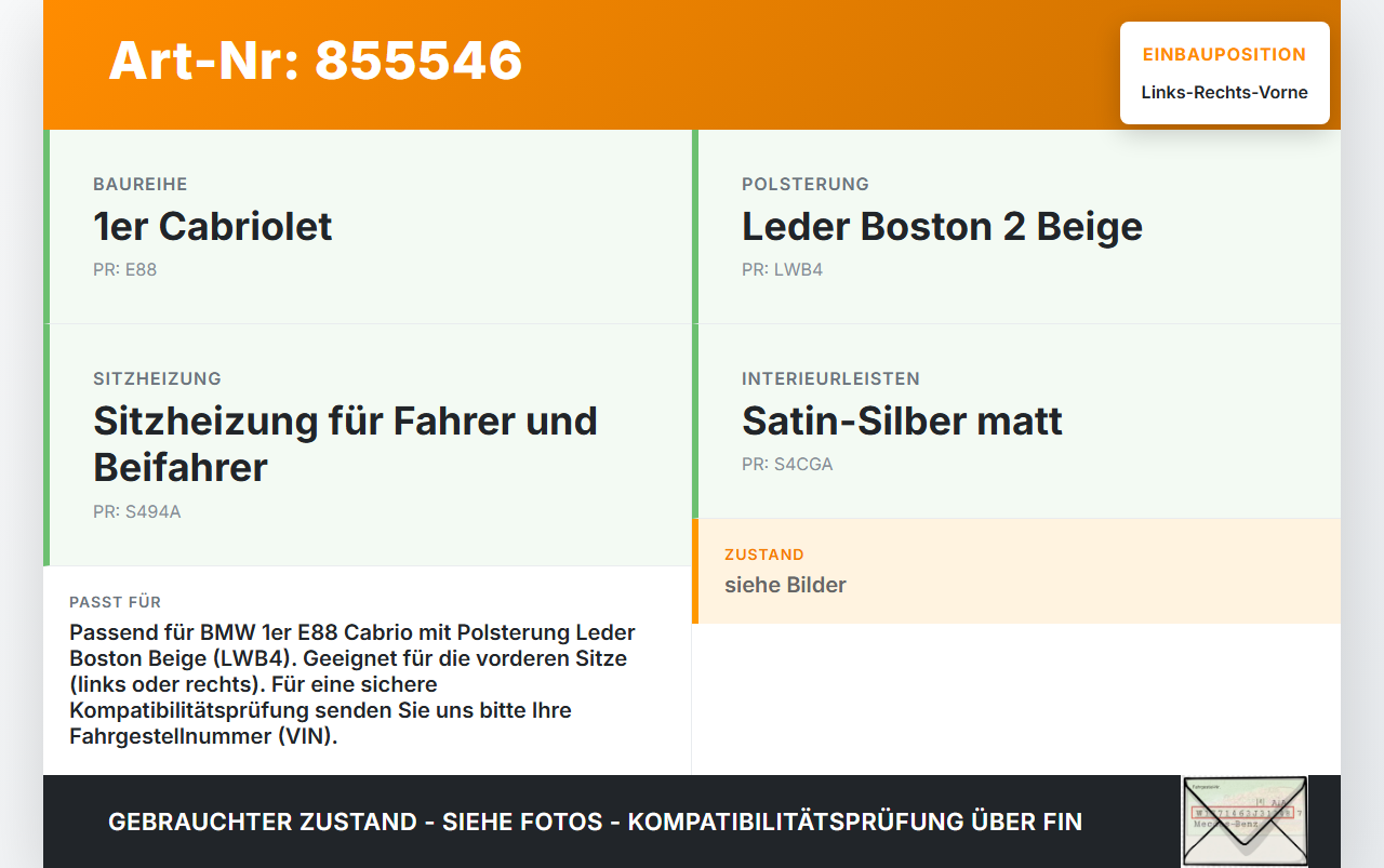 BMW E88 1er 11-13 Cabriolet Leder Kopfstütze für Beifahrer Sitz Rechts oder Links Vorne Boston Beige BMW E88 1er... Vorschau 3