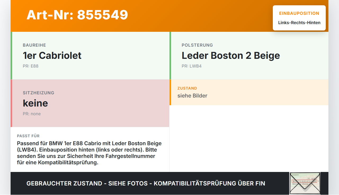 BMW E88 1er 11-13 Leder Kopfstütze Rechts oder Links Hinten Boston Beige BMW E88 1er 11-13 14.07.2011 5220-7247113... Vorschau 3