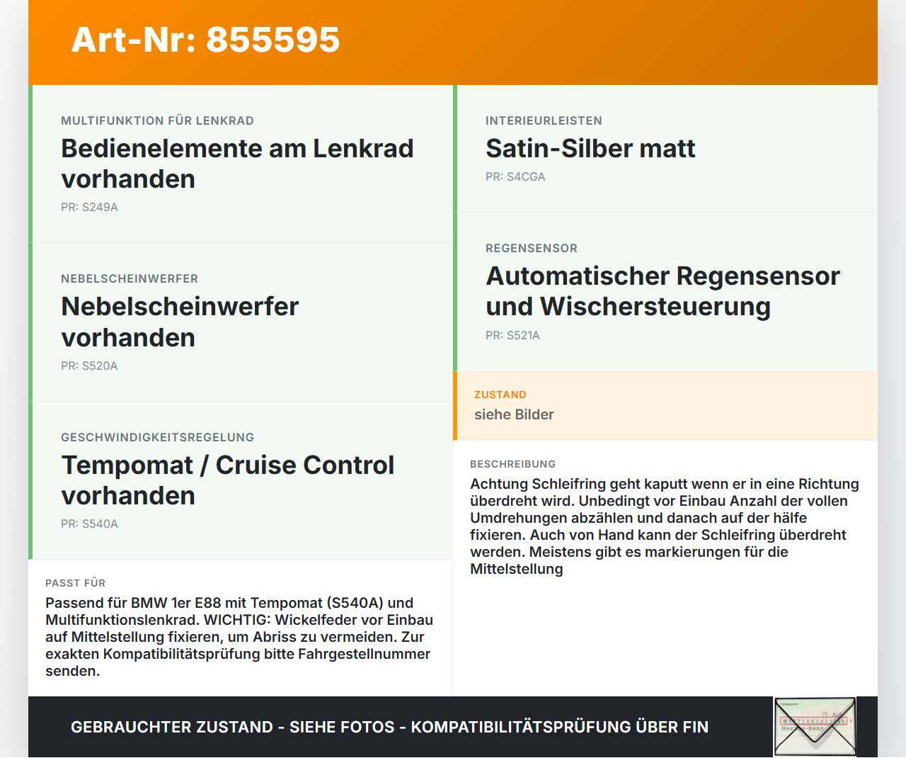 BMW E88 1er 11-13 Airbag Schleifring Wickelfeder BMW E88 1er 11-13 14.07.2011 61319122509 9122509 9122509-04... Vorschau 3