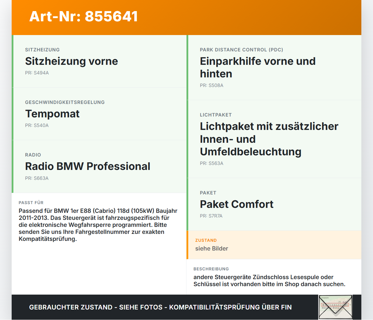 BMW E88 1er 11-13 118D 2,0 105KW Wegfahrsperre ECU Steuergerät für Lenksäule BMW E88 1er 11-13 14.07.2011 9395657... Vorschau 3