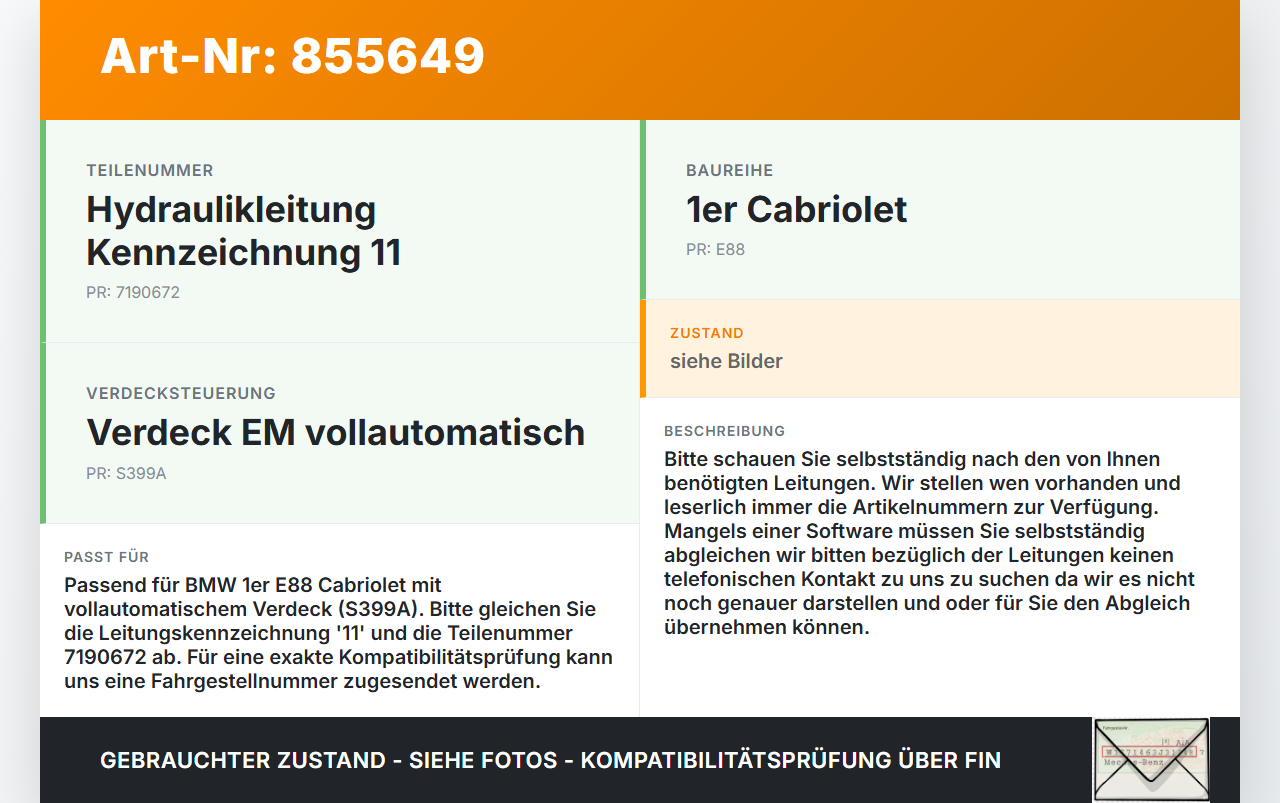 BMW E88 1er 11-13 Cabriolet Hydraulik Schlauch Leitung 11 für Verdeck BMW E88 1er 11-13 14.07.2011 7190672... Vorschau 3