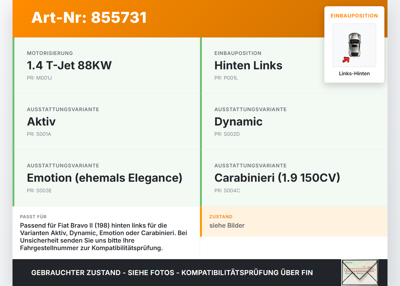 Fiat Bravo II 198 07-14 T-Jet 1,4 88KW Bremssattel Bremszange Hinten Links Fiat Bravo II 198 07-14 30.04.2008... Vorschau 3