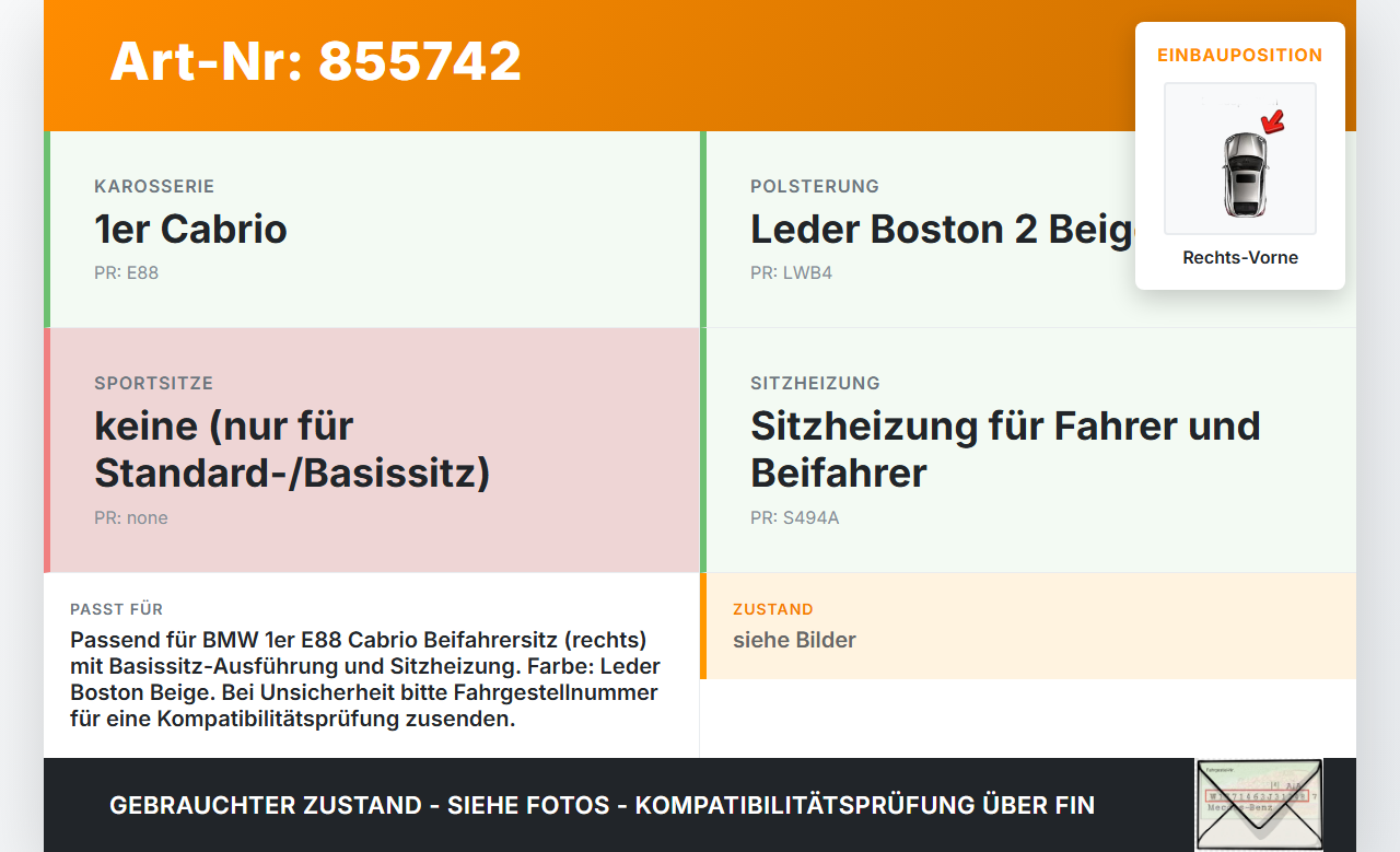 BMW E88 1er 11-13 Cabriolet Sitzbezug Rückenpolster Rechts Vorne für Beifahrer Sitz Boston Beige BMW E88 1er 11-13... Vorschau 3