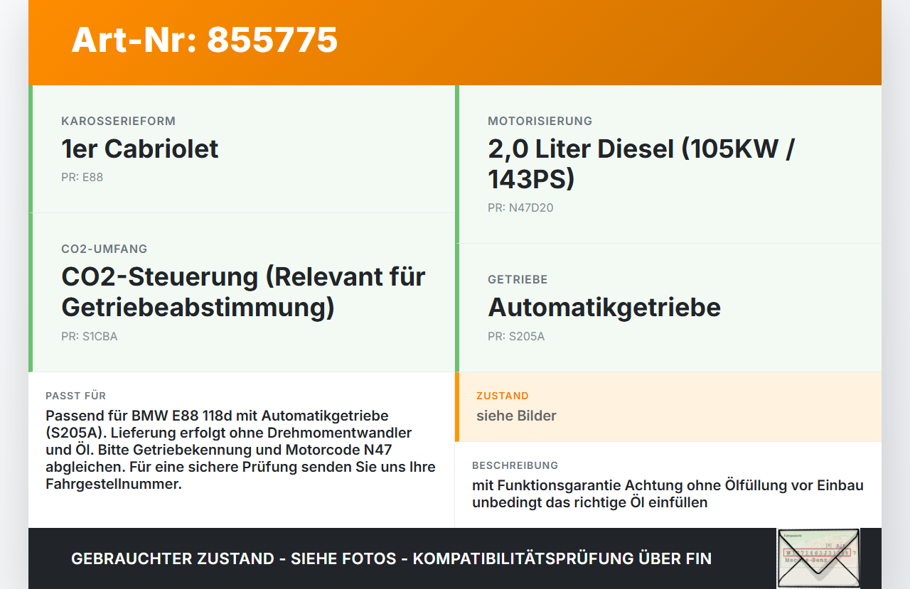 BMW E88 1er 11-13 118D 2,0 105KW GA6HP19Z - WBN Automatikgetriebe Getriebe ohne Wandler GA6HP19Z - WBN BMW E88 1er... Vorschau 3