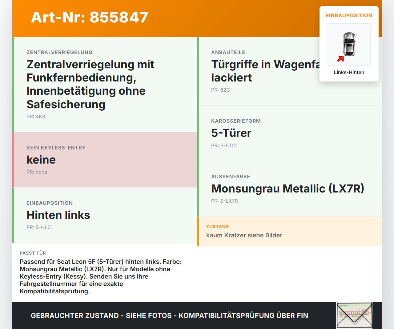 Seat Leon III 5F 12-16 5T Türgriff Griff aussen Links Hinten LX7R Seat Leon III 5F 12-16 12.06.2014 5G0837205N gebraucht Vorschau 3