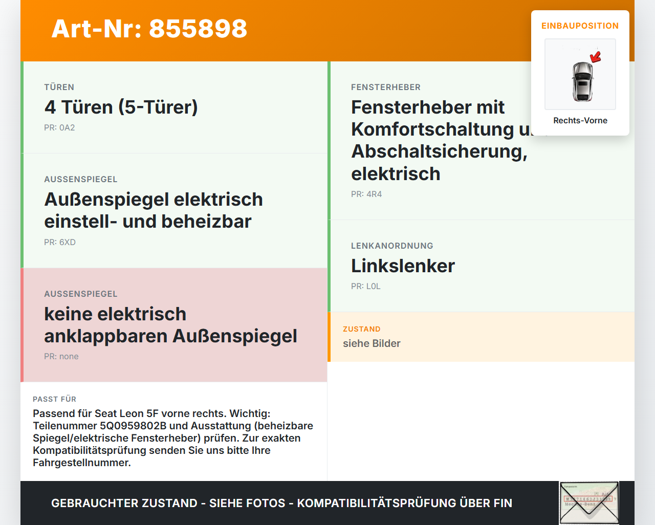 Seat Leon III 5F 12-16 5T Fensterhebermotor Rechts Vorne Seat Leon III 5F 12-16 12.06.2014 5Q0959802B 0130822716... Vorschau 3