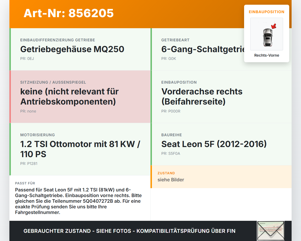 Seat Leon III 5F 12-16 1,2 81KW Antriebswelle Gelenkwelle Rechts Vorne Seat Leon III 5F 12-16 12.06.2014 5Q0407272B... Vorschau 3