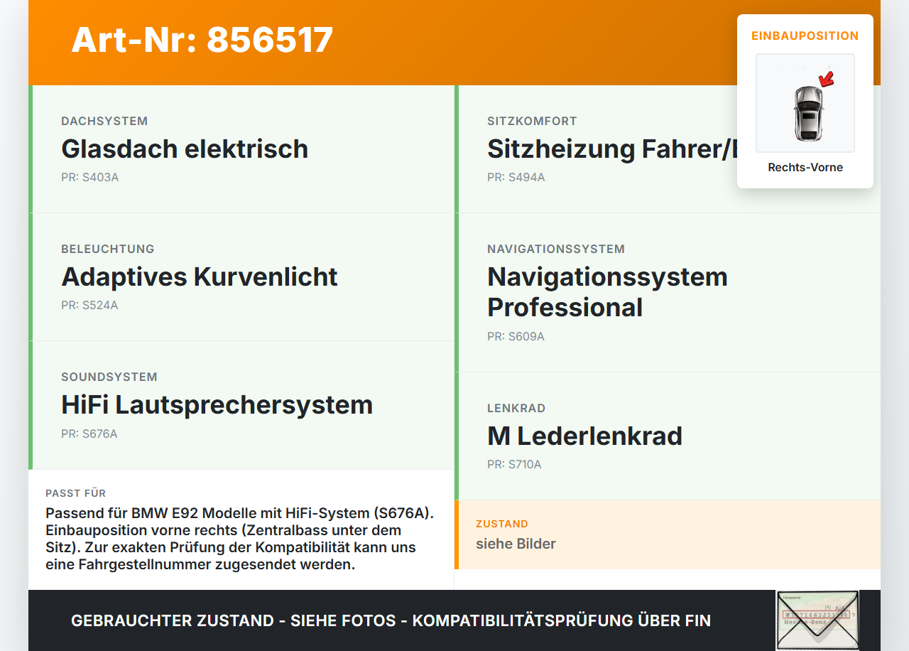 BMW E92 330i 06-10 Lautsprecher Rechts Vorne BMW E92 330i 06-10 28.04.2007 9204786 65139204786 9143986... Vorschau 3