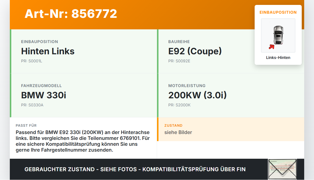 BMW E92 330i 06-10 3,0i 200KW Bremssattel Bremszange Hinten Links BMW E92 330i 06-10 28.04.2007 9571064... Vorschau 3