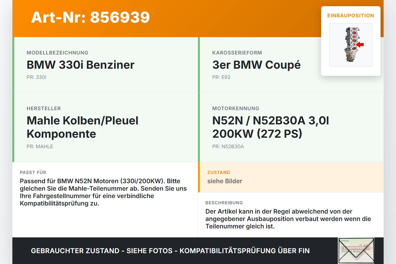 BMW E92 330i 06-10 3,0i 200KW N52N N52B30A Kolben mit Pleuel Pos B BMW E92 330i 06-10 28.04.2007 7558528... Vorschau 3