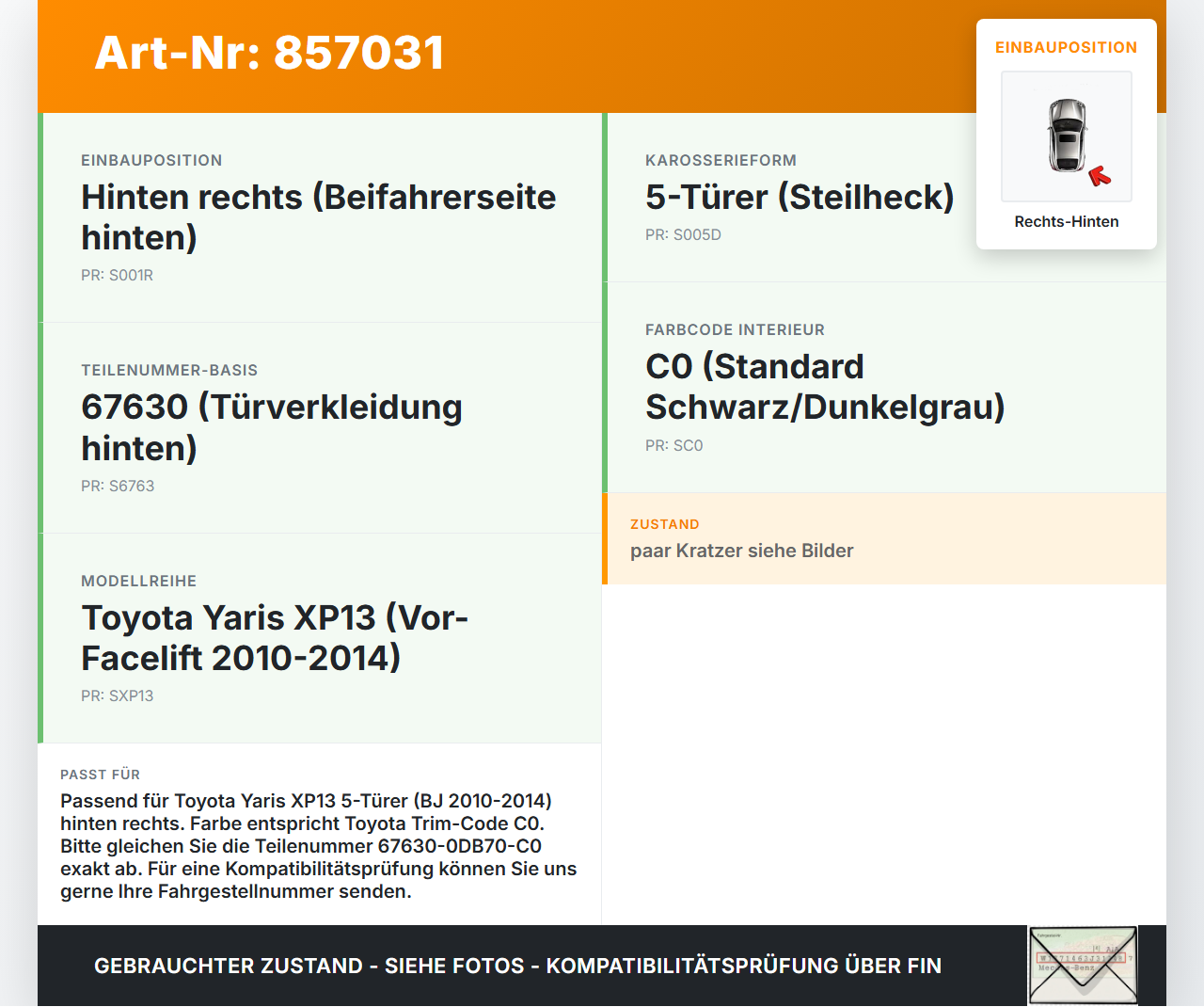 Toyota Yaris XP13 10-14 5T Türverkleidung Türpappe Rechts Hinten Toyota Yaris XP13 10-14 18.04.2013 67630-0DB70-C0... Vorschau 3