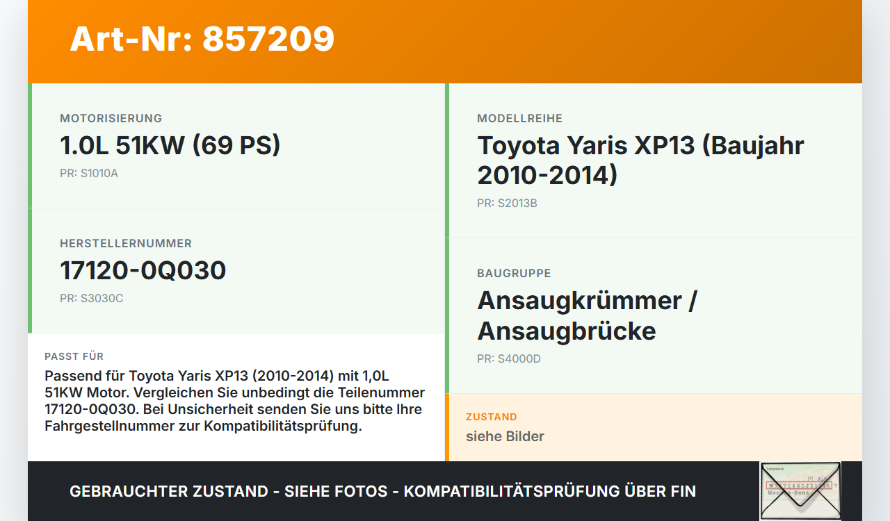 Toyota Yaris XP13 10-14 1,0 51KW Ansaugbrücke Ansaugkrümmer Toyota Yaris XP13 10-14 18.04.2013 17120-0Q030 gebraucht Vorschau 3