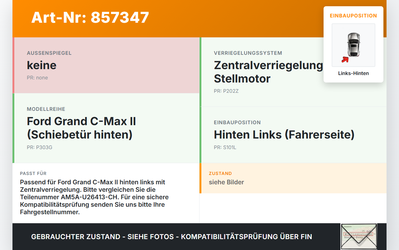 Ford Grand C-Max II 10-15 Türschloss m. ZV Stellmotor Links Hinten Ford Grand C-Max II 10-15 05.12.2013... Vorschau 3