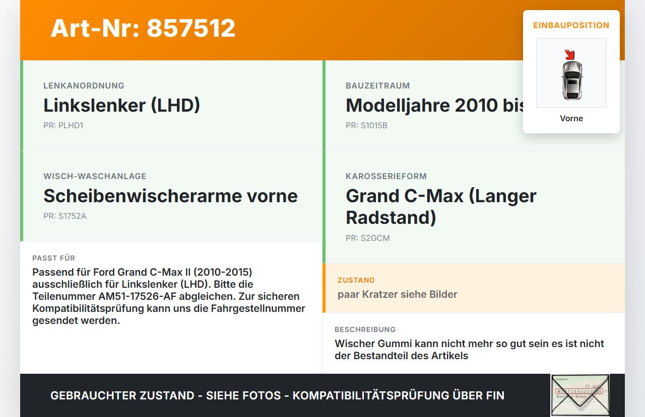 Ford Grand C-Max II 10-15 2x Scheibenwischer Wischarm Vorne Ford Grand C-Max II 10-15 05.12.2013 AM51-17526-AF gebraucht Vorschau 3