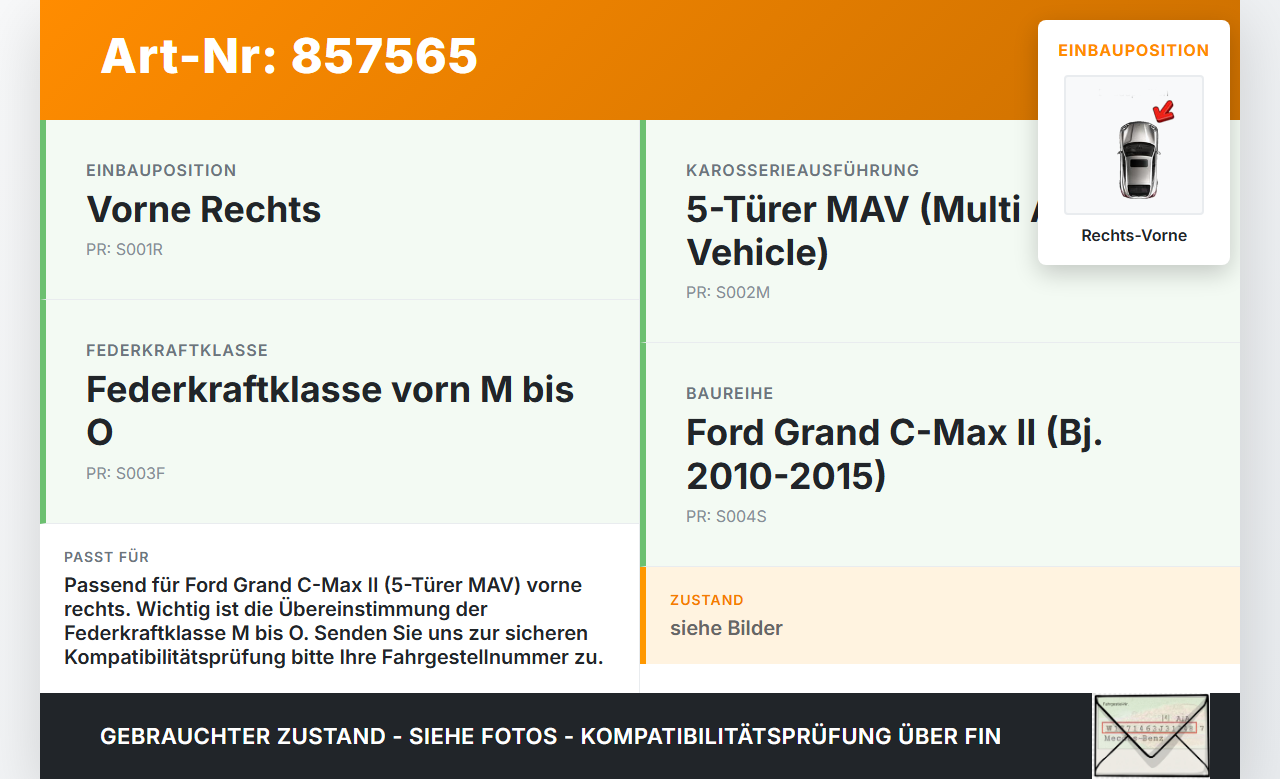 Ford Grand C-Max II 10-15 Federbein Stossdämpfer Vorne Rechts Ford Grand C-Max II 10-15 05.12.2013 AV61-18045-CBE... Vorschau 3