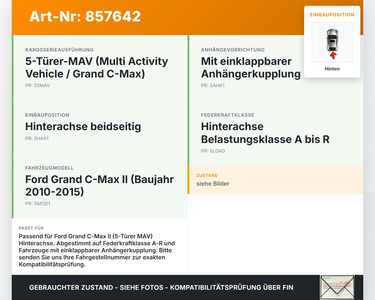 Ford Grand C-Max II 10-15 Beide Feder Federn Hinten Ford Grand C-Max II 10-15 05.12.2013 AV61-5560-BCB gebraucht Vorschau 3