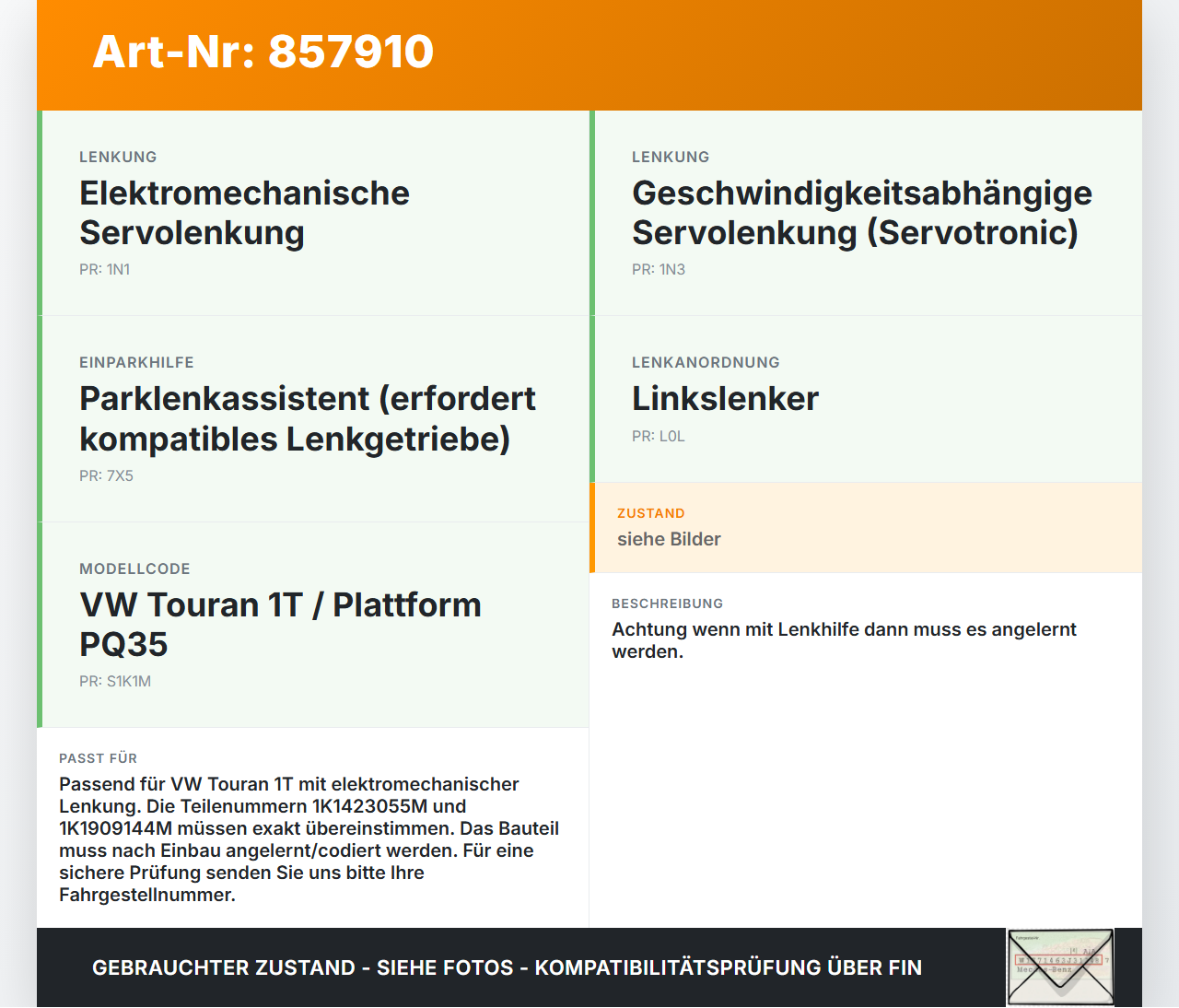 VW Touran 1T 06-10 Lenkgetriebe Elektr. Lenkhilfe VW Touran 1T 06-10 21.02.2008 1K1423055M 1K1909144M 7805277270... Vorschau 3