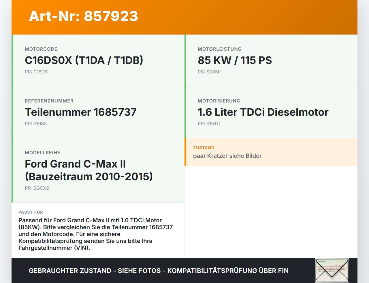 Ford Grand C-Max II 10-15 TDCi 1,6 85KW C16DS0X Nockenwelle Ford Grand C-Max II 10-15 05.12.2013 AV6Q-6250-BA... Vorschau 3