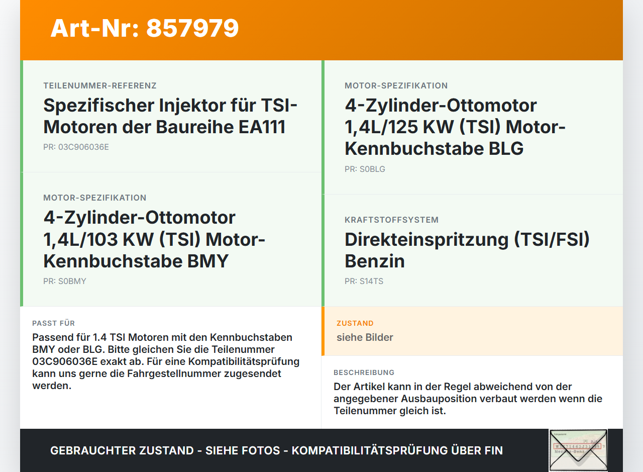 VW Touran 1T 06-10 TSI 1,4 103KW Injektor Einspritzdüse Zyl.4 VW Touran 1T 06-10 21.02.2008 03C906036E gebraucht Vorschau 3